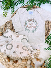 Load image into Gallery viewer, Baby&#39;s First Christmas Girl Outfit | Oatmeal Bodysuit Christmas Wreath Skirt
