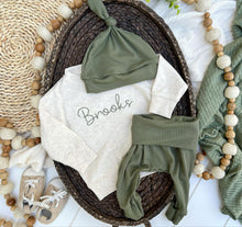 Load image into Gallery viewer, Personalized Baby Name Sweatshirt Set | Oatmeal Pullover Sage Green Pants - Brooks
