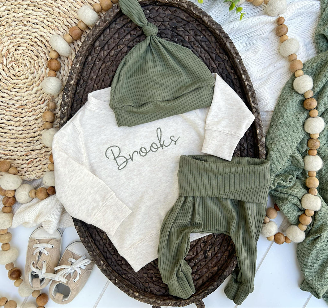 Personalized Baby Name Sweatshirt Set | Oatmeal Pullover Sage Green Pants - Brooks