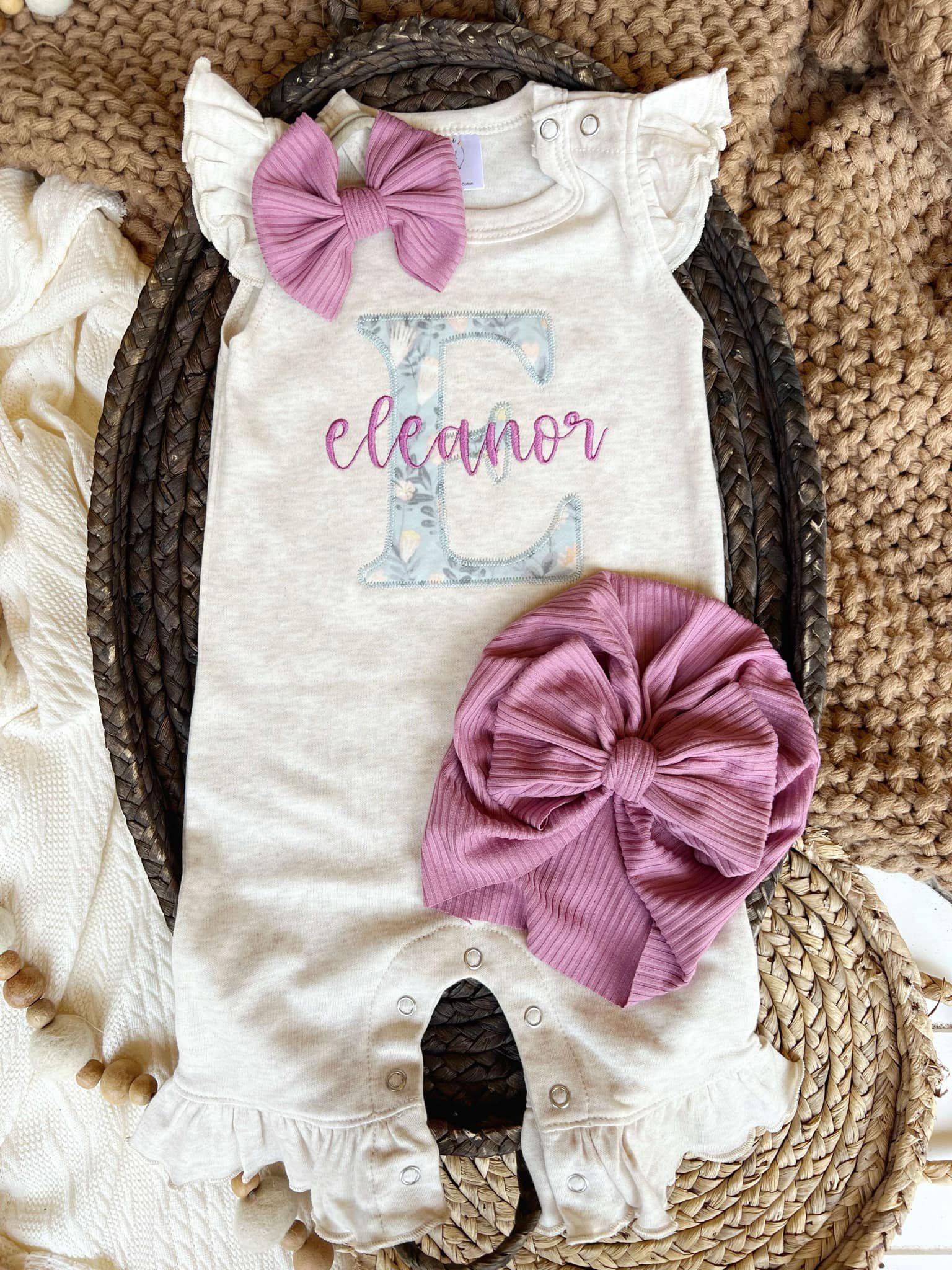 Personalized Baby Girl Outfit Oatmeal Flutter Sleeve Ruffle Romper F