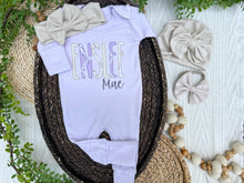 Load image into Gallery viewer, Personalized Baby Girl Outfit | Purple Romper Purple White Baby Name

