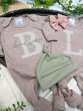 Load image into Gallery viewer, Personalized Twin Outfit | Mocha Brown Romper Beige Stripe Pink Green Baby Name
