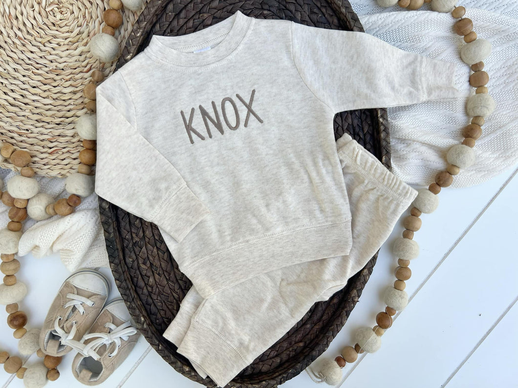 Personalized Baby Name Sweatshirt Set | Oatmeal Pullover Taupe - Knox