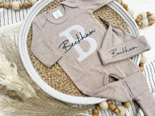 Load image into Gallery viewer, Personalized Baby Boy Outfit | Oatmeal, Sage, Mocha Romper Beige Stripe Initial Baby Name
