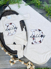 Load image into Gallery viewer, Personalized Baby Boy Outfit | Oatmeal Romper With Cow Print Initial and Baby Name
