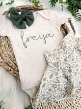 Load image into Gallery viewer, Personalized Baby Girl Outfit | Oatmeal Bodysuit Soft Green Floral Skirt Baby Name-  Freya
