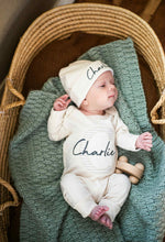 Load image into Gallery viewer, Personalized Baby Boy Outfit | Natural Cotton Romper Beige Stripe Initial Baby Name
