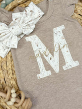 Load image into Gallery viewer, Personalized Baby Girl Outfit | Mocha Brown Flutter Sleeve Ruffle Romper Floral White Baby Name
