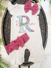Load image into Gallery viewer, Personalized Baby Girl Outfit | Oatmeal Flutter Sleeve Ruffle Romper Floral Bright Blue Baby Name
