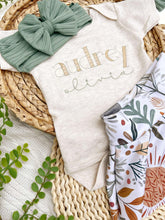 Load image into Gallery viewer, Personalized Baby Girl Outfit | Oatmeal Bodysuit Floral Sage Green Skirt Baby Name

