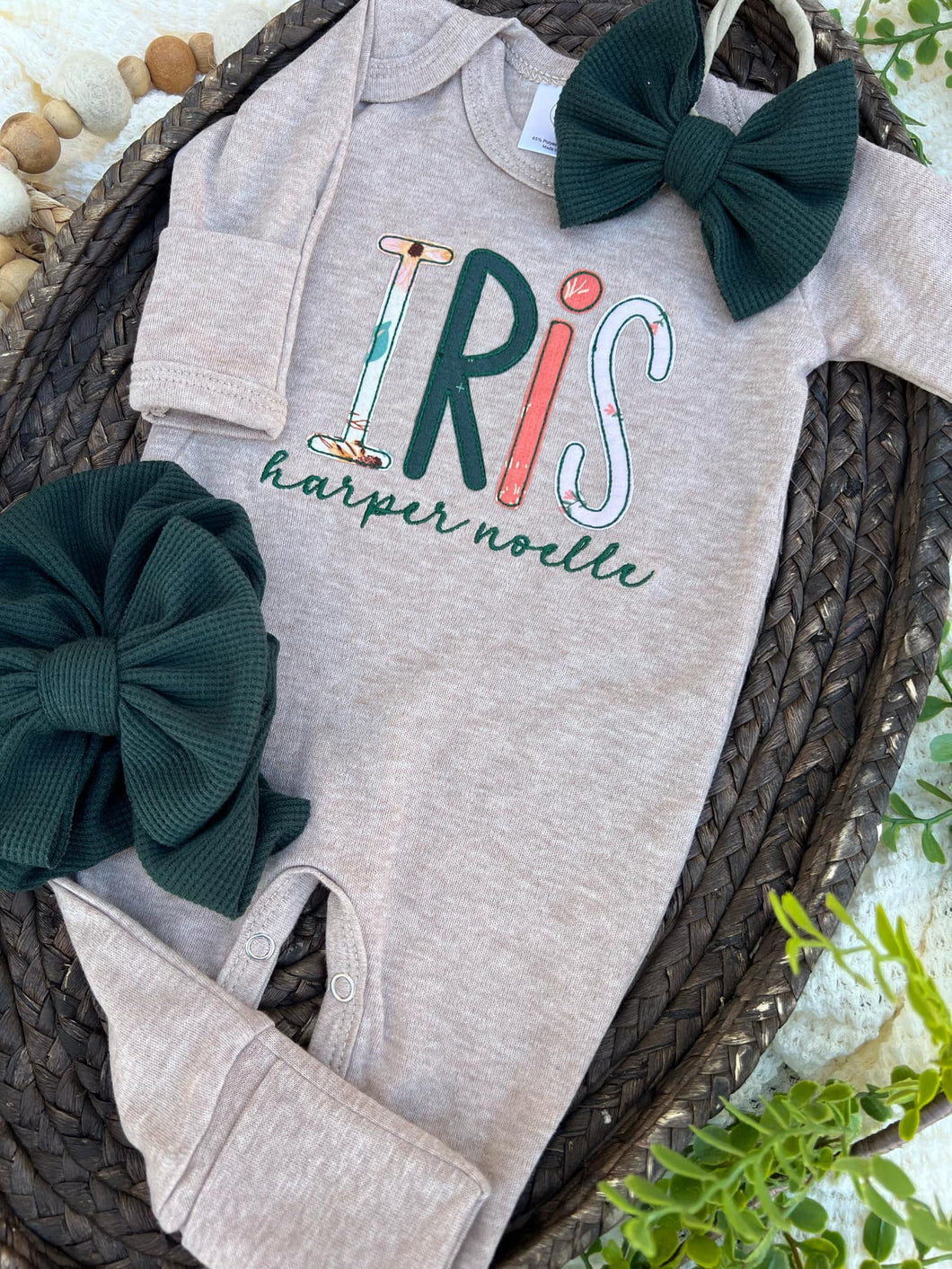 Personalized Baby Girl Outfit | Mocha Brown Romper Pink Green Custom Baby Name - Iris Harper