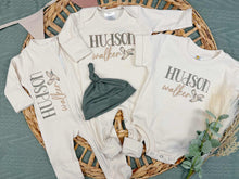 Load image into Gallery viewer, Personalized Baby Boy Newborn Outfit | Natural Oatmeal Romper Duck Baby Boy Name
