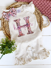 Load image into Gallery viewer, Personalized Baby Girl Outfit | Oatmeal Flutter Sleeve Ruffle Romper Floral Pink Baby Initials - Harper Madison
