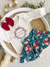 Load image into Gallery viewer, Baby&#39;s First Christmas Girl Outfit | Oatmeal Bodysuit Christmas Floral Skirt - Merry Christmas
