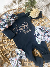 Load image into Gallery viewer, Baby Girl Outfit | Navy Romper - Pink White Blue Floral Baby Name
