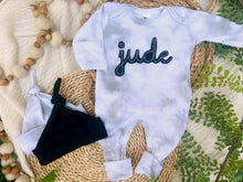 Load image into Gallery viewer, Personalized Newborn Baby Boy Outfit | Mist Smoke Gray Romper Rust Felt Baby Name

