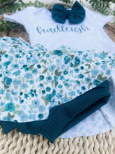 Load image into Gallery viewer, Personalized Baby Girl Outfit | White Bodysuit Blue Floral Skirt Baby Name- Hadleigh
