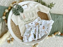 Load image into Gallery viewer, Personalized  Baby Girl Outfit | Oatmeal Bodysuit Evergreen Trees Skirt Baby Name
