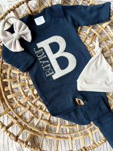Load image into Gallery viewer, Personalized Baby Girl Outfit | Navy Romper - Speckled Polka Dot Oatmeal Beige Initial Baby Name
