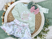 Load image into Gallery viewer, Personalized Baby Girl Outfit | Sage Green Bodysuit Small Flowers Skirt Pink Baby Name
