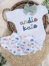 Load image into Gallery viewer, Personalized Baby Girl Outfit | White Bodysuit Boho Rainbow Skirt Baby Name
