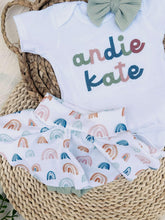 Load image into Gallery viewer, Personalized Baby Girl Outfit | White Bodysuit Boho Rainbow Skirt Baby Name
