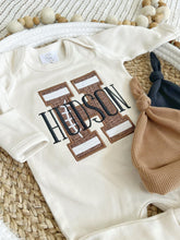 Load image into Gallery viewer, Personalized Baby Boy Name Outfit | Oatmeal Beige Romper Football Brown Big Initial
