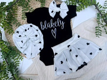 Load image into Gallery viewer, Personalized Baby Girl Outfit | Black Bodysuit Hearts Skirt White Baby Name
