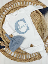 Load image into Gallery viewer, Personalized Newborn Baby Boy Outfit | White Romper Gray Baby Name
