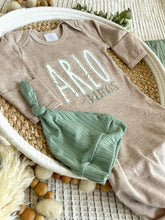 Load image into Gallery viewer, Personalized Baby Boy Outfit | Mocha Brown Knotted Gown Green Orange Custom Baby Name

