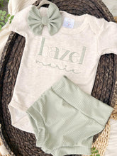 Load image into Gallery viewer, Personalized Baby Girl Outfit | Oatmeal Beige Bodysuit Sage Green Baby Name
