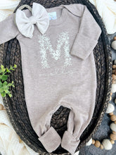 Load image into Gallery viewer, Personalized Baby Girl Outfit | Mocha Brown Romper Ivory Floral Letter - Molly Maelyn
