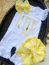 Load image into Gallery viewer, Personalized Baby Girl Outfit | White Flutter Sleeve Ruffle Romper Floral Yellows Baby Name
