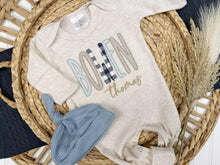 Load image into Gallery viewer, Personalized Baby Boy Outfit | Oatmeal Romper Blue Beige Plaid Neutral Baby Name
