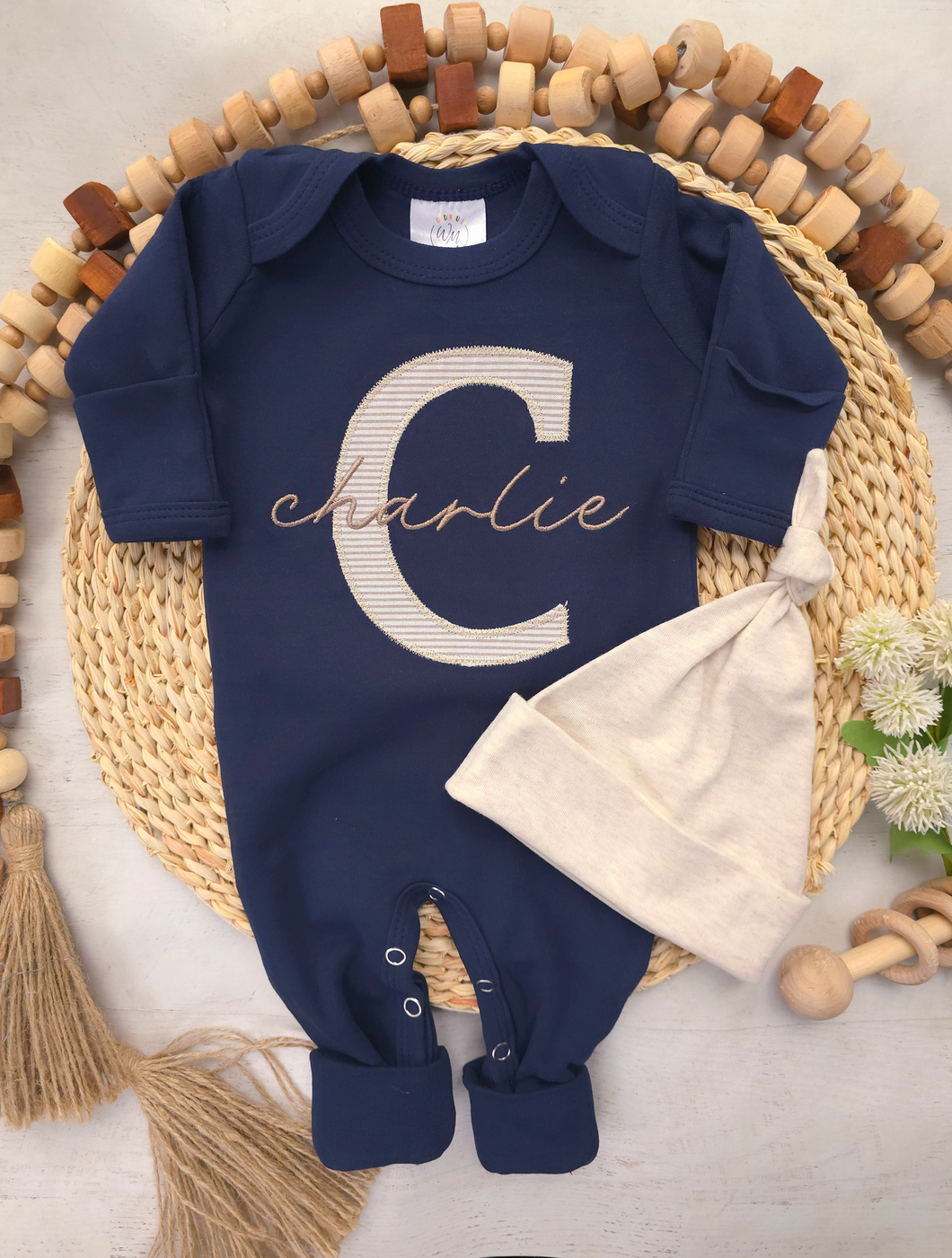 Personalized Navy Blue Beige Baby Boy Outfit | Navy Blue Romper Biege Stripe - Charlie Bellamy