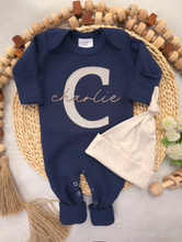 Load image into Gallery viewer, Personalized Navy Blue Beige Baby Boy Outfit | Navy Blue Romper Biege Stripe - Charlie Bellamy
