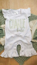 Load image into Gallery viewer, Personalized Baby Girl Outfit | White Flutter Sleeve Ruffle Romper Floral Green Baby Name
