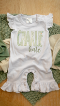 Load image into Gallery viewer, Personalized Baby Girl Outfit | White Flutter Sleeve Ruffle Romper Floral Green Baby Name
