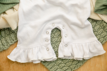 Load image into Gallery viewer, Personalized Baby Girl Outfit | White Flutter Sleeve Ruffle Romper Floral Green Baby Name
