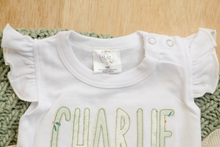 Load image into Gallery viewer, Personalized Baby Girl Outfit | White Flutter Sleeve Ruffle Romper Floral Green Baby Name
