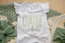 Load image into Gallery viewer, Personalized Baby Girl Outfit | White Flutter Sleeve Ruffle Romper Floral Green Baby Name
