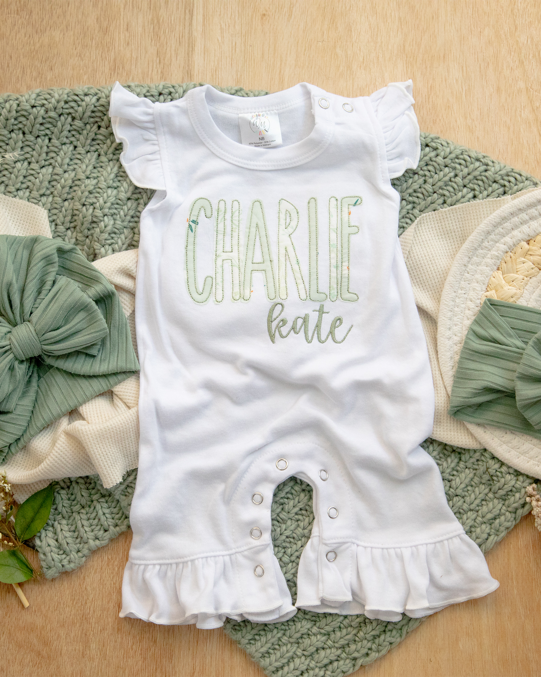 Personalized Baby Girl Outfit | White Flutter Sleeve Ruffle Romper Floral Green Baby Name