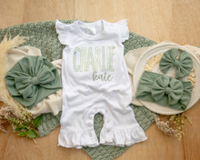 Load image into Gallery viewer, Personalized Baby Girl Outfit | White Flutter Sleeve Ruffle Romper Floral Green Baby Name
