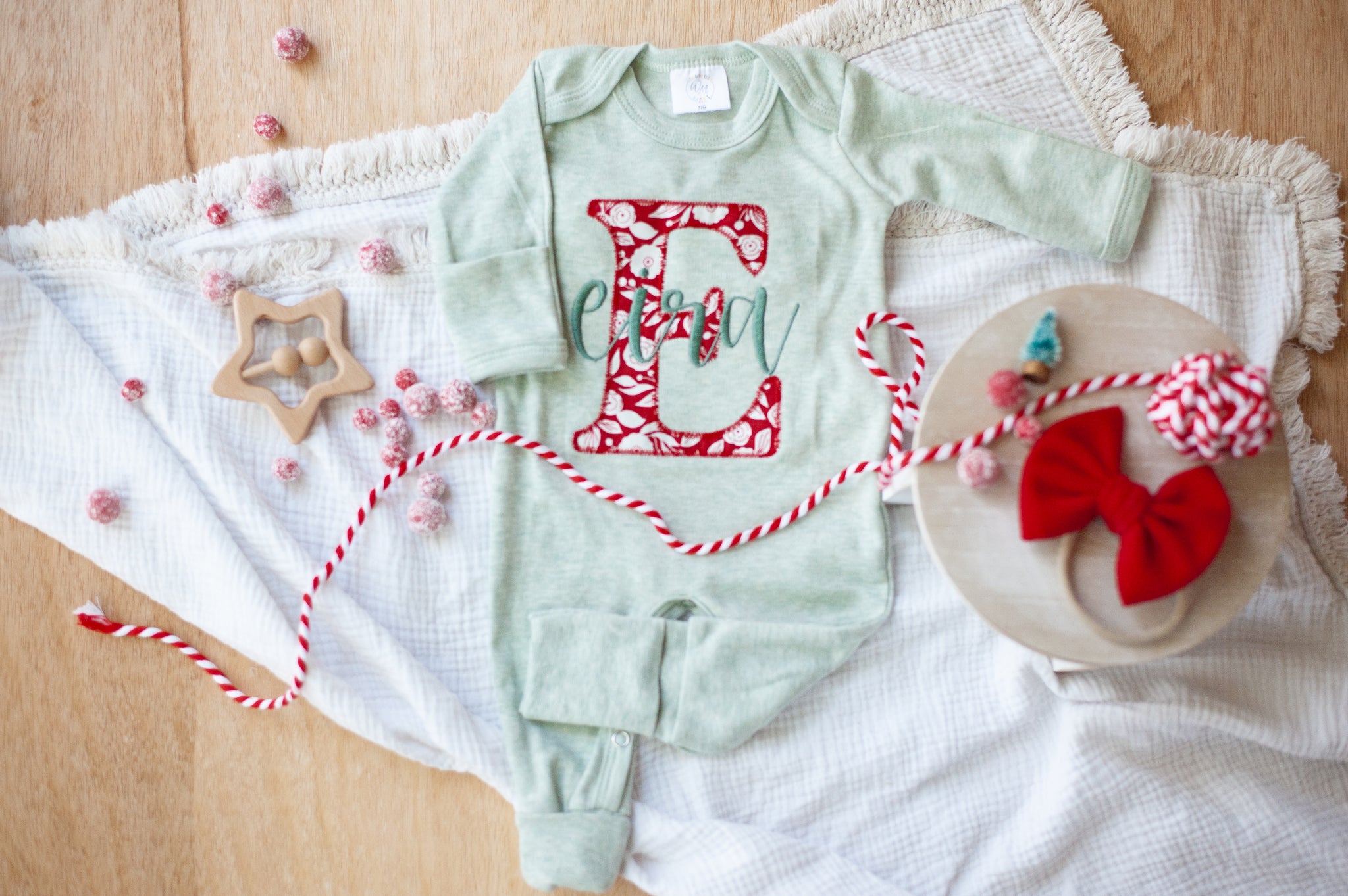 Personalized Baby Girl Outfit | Soft Green Romper Christmas Red Initia Wonderfully Made Personalized Baby Girl Outfit | Soft Green Romper Christmas Red Initia Wonderfully Made
