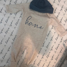 Load image into Gallery viewer, Personalized Baby Boy Outfit | Oatmeal Romper Slate Blue Baby Name
