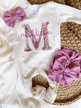 Load image into Gallery viewer, Personalized Baby Girl Outfit | Oatmeal Romper Floral Purple Pink Baby Initials - Madison Harper
