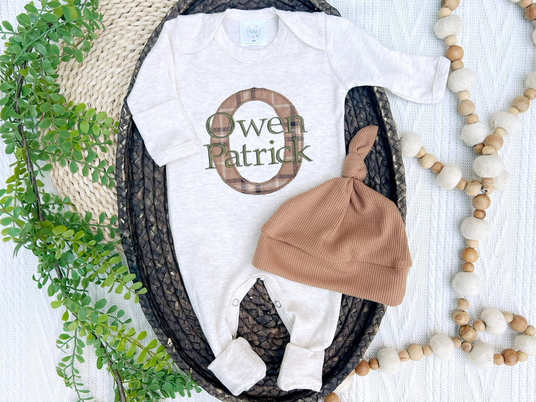 Personalized Baby Boy Name Outfit | Oatmeal Romper Brown Green Plaid Initial Baby Name