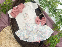 Load image into Gallery viewer, Personalized Baby Girl Outfit | Oatmeal Bodysuit Small Flowers Skirt Pink Baby Name
