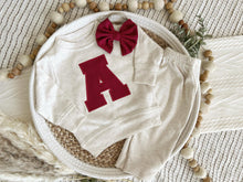 Load image into Gallery viewer, Personalized Baby Sweatshirt Set | Oatmeal Pullover Red Letter Game Day Baby Name
