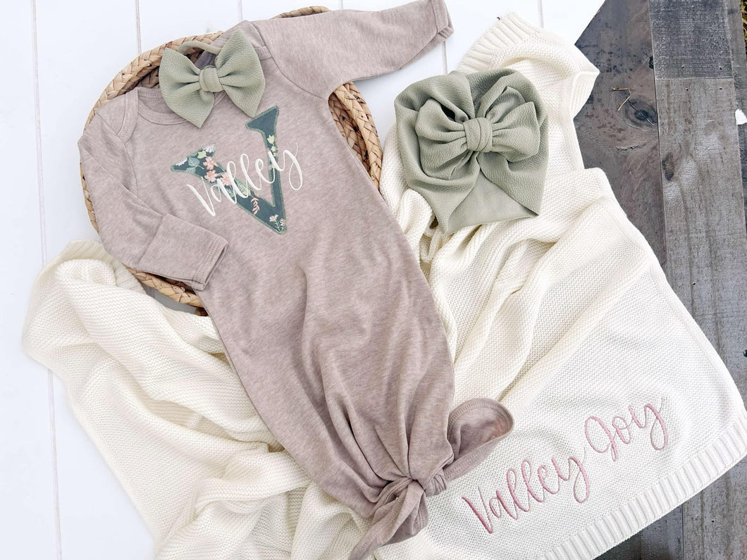 Personalized Baby Girl Outfit | Taupe Knotted Gown Floral Green - Valley Joy Sage